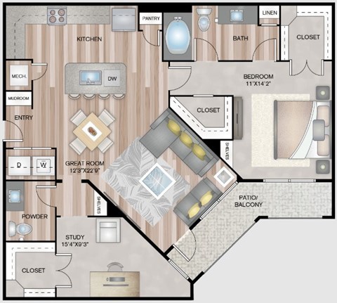 A floor plan of a house with a study, kitchen, pantry, bath, and bedroom.